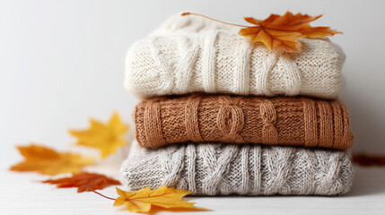 Stack of Warm Knitted Sweaters With Autumn Leaves, Evoking Comfort and Fall Season.