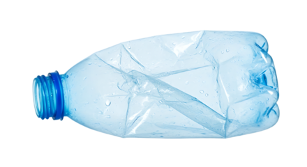 Crushed clear plastic water bottle with blue cap lying on its side isolated on transparent background