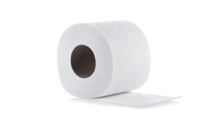 A roll of white toilet paper sits on a white background, with a portion of the roll unfurled