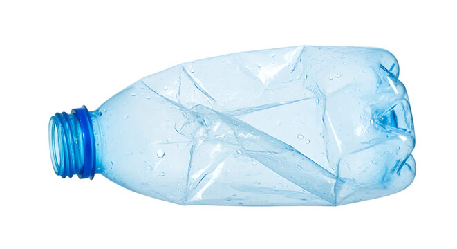 Crushed clear plastic water bottle with blue cap lying on its side isolated on transparent background