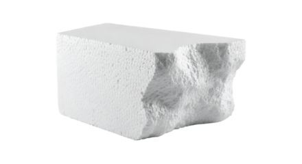 A single white irregular shaped block of styrofoam material isolated on transparent background