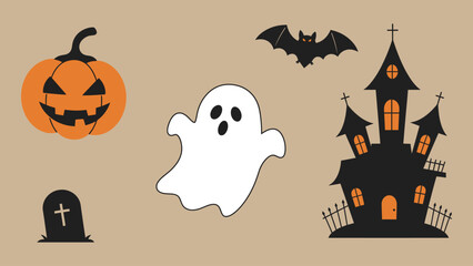 Flat vector pumpkin, ghost, bat, and haunted house, bold outlines,  spooky minimal style.