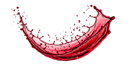 Dynamic red liquid splash frozen in motion forming a vibrant curved wave isolated on transparent background