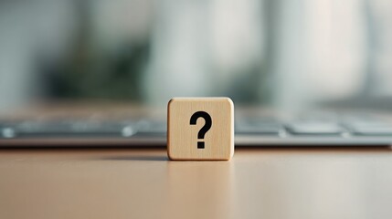 Professional image highlighting a wooden question block with a question mark on a desk near a laptop symbolizing decision-making problem-solving and inquiry in a modern workspace
