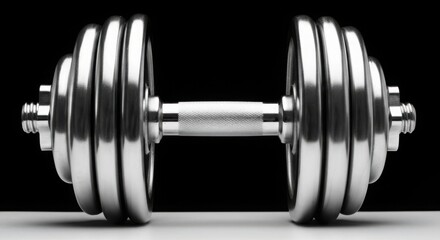 Naklejka premium Shiny chrome dumbbell on a black background