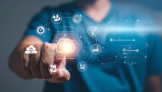 Person in blue shirt interacts with glowing gear icon on laptop—hexagonal symbols of checklist, light bulb, chart, and network evoke digital transformation, system control, and innovation in minimalis