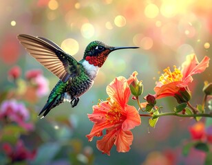 A hummingbird in flight near vibrant orange flowers, bokeh background