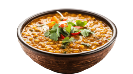 Lentil Curry Bowl with Cilantro Garnish isolated on a transparent background