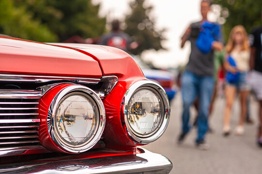 Vintage car on display as classic automotive outdoor exhibition. 