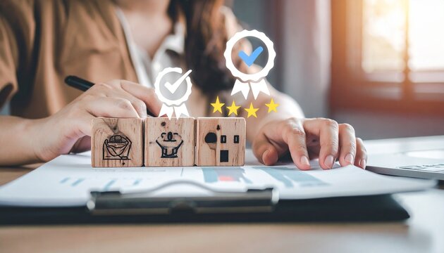 Person stacks wooden blocks with business icons—target, handshake, globe, team—forming pyramid structure, evoking strategy, collaboration, and goal-setting in minimalist organizational symbolism compo