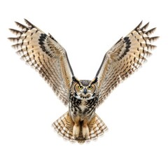 Majestic great horned owl spreads its wings in flight over