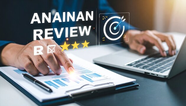 Person reviews chart on clipboard beside laptop—overlay of “ANAINAN REVIEW,” four yellow stars, and icons of book, envelope, and target evoke evaluation, performance, and goal tracking in minimalist b