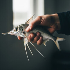 A candid and professional close-up of a hand holding an Eleutheronema tetradactylum fish