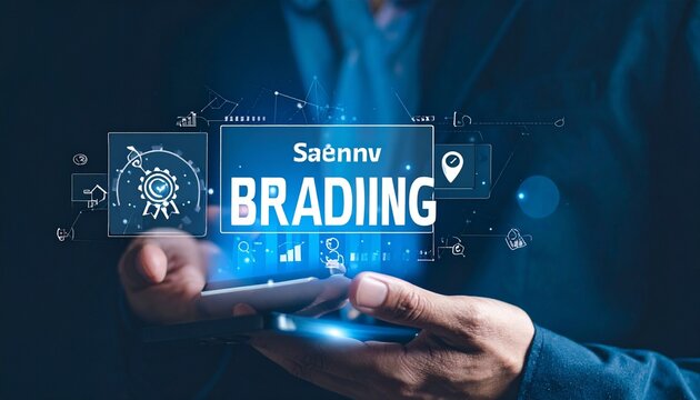 Person in suit holds smartphone—floating icons and bold “Saænvv BRADIING” text surrounded by globe, chart, and location pin evoke digital branding, marketing, and tech connectivity in minimalist symbo