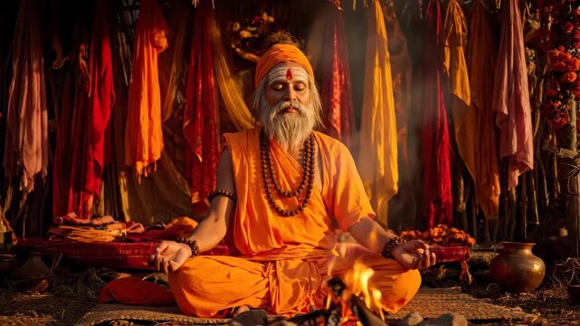 Meditating Sadhu at Maha Kumbh Mela, Prayagraj Spiritual Reflection and Cultural Immersion at the Ganges River