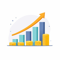 Fototapeta premium Vector illustration of a rising bar chart with a success arrow and stacks of gold coins, symbolizing financial profit, revenue growth, and market analysis
