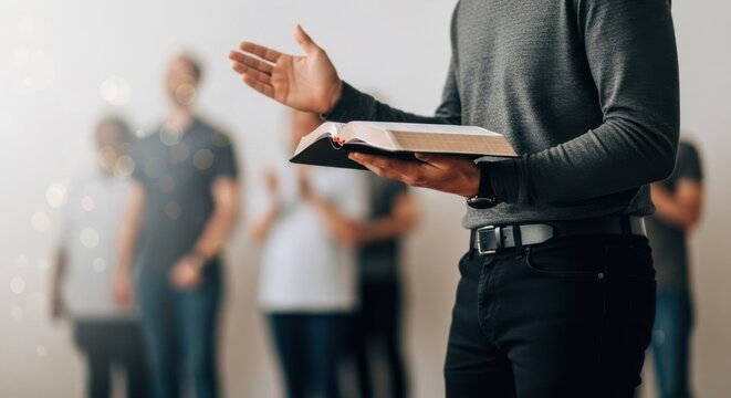 Man minister holds Bible and preaches at Christian church service. Evangelism and protestant prayer meeting. Gospel concept.