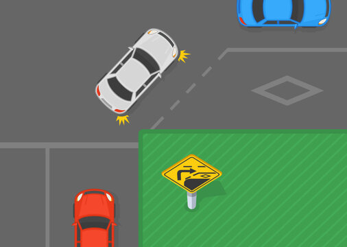 Fototapeta Traffic regulation rules and tips. Canadian "reserved lane crossing" sign area. Top view of a traffic flow turning right at intersection. Flat vector illustration template.
