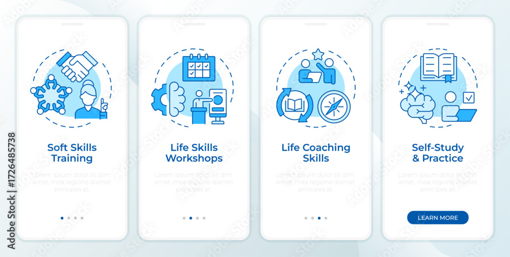 Wall mural strategies to improve life skills blue onboarding mobile app screen. walkthrough 4 steps editable gr