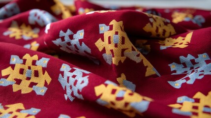 Closeup of a richly woven fabric featuring intricate interlaced design in vibrant reds, blues, and golds, highlighting detailed textures and luxurious textile surface with space for text on the right