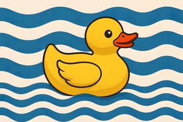 Cartoon Yellow Rubber Duck Toy on Water with Blue and Beige Waves