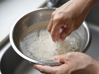 Hands Rinsing Long Grain Basmati Rice in a Metal Bowl