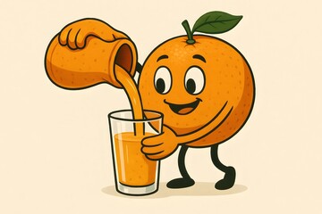 Cartoon Orange Character Pouring Juice Into Glass, orange fruit character with happy face