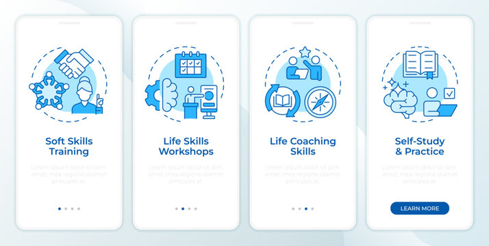 Strategies to improve life skills blue onboarding mobile app screen. Walkthrough 4 steps editable graphic instructions with linear concepts. UI, UX, GUI. Montserrat SemiBold, Regular fonts used