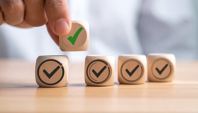 Businessperson in suit interacts with three symbolic blocks—gear-target, checkmark-circle, and standalone checkmark evoke strategy, task completion, and decision-making in minimalist productivity symb