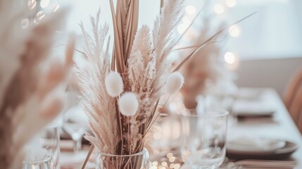 Elegant Pampas Grass Flower Arrangement in Clear Glass Vase on Modern Dining Table