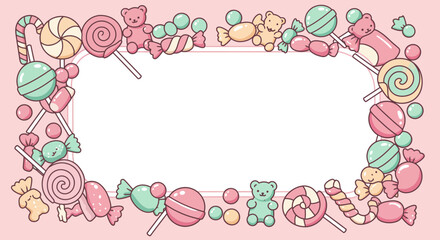 Sweet candy frame design with playful teddy bears and swirling lollipops creating a delightful border for festive celebrations or product displays