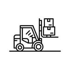 Simple line art icon of a forklift truck lifting boxes in a warehouse