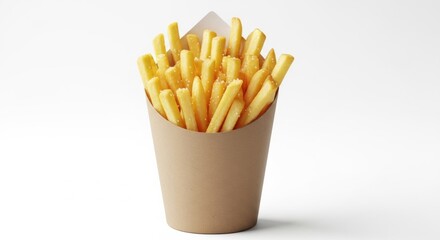 Golden French Fries in Brown Paper Cone, Studio Shot on White