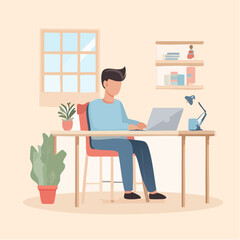 Illustration of a freelancer focused on his laptop in a modern and comfortable home office workspace environment