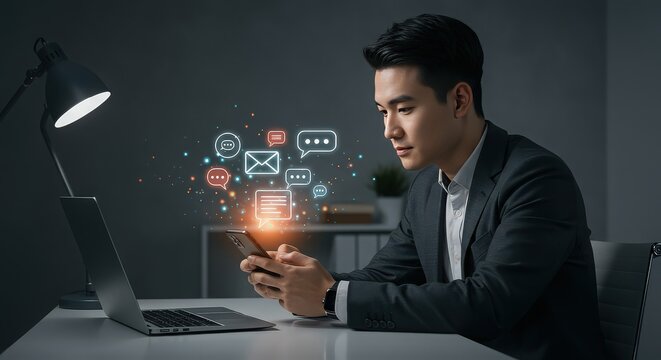 Asian businessman using smartphone and laptop with social media icons overlay at night - Powered by Adobe