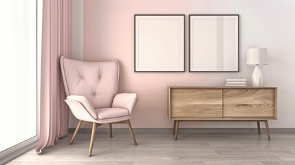 Elegant Pink Armchair and Wooden Sideboard in Modern Light Living Room