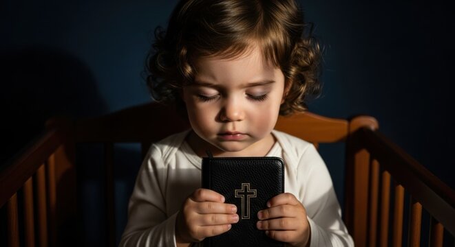 Little child praying with closed eyes holding a holy Bible. Spiritual education of children. Christian faith and religion.