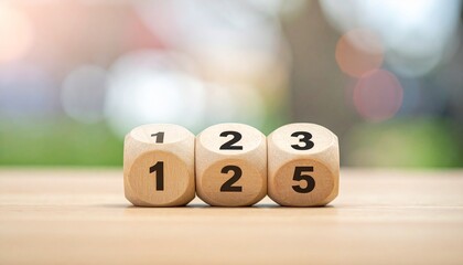 Three numbered wooden blocks—“1”, “2”, “3”—placed side by side with blurred plant in background evoke order, simplicity, and foundational structure in minimalist educational symbolism composition.