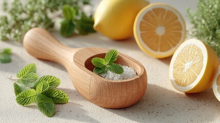Wooden Lemon Squeezer with Mint and Sugar Still Life, Bright Kitchen Scene