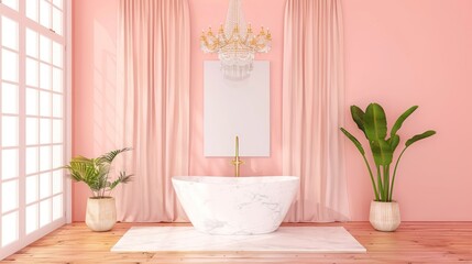 Elegant Pink Bathroom with Marble Bathtub and Green Plants in Large Potted Vases