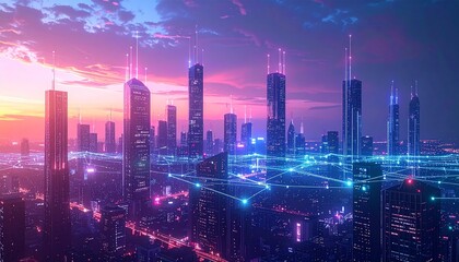 Futuristic city skyline with digital lines connecting buildings, symbolizing an innovative crypto-powered economy