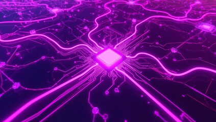 CPU chip glowing magenta lines on dark background futuristic tech design
