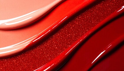 A macro, high-gloss image of three distinct, wavy stripes of liquid makeup or paint. The colors transition from a light coral/peach on the left, to a bright, glittery primary red in the center