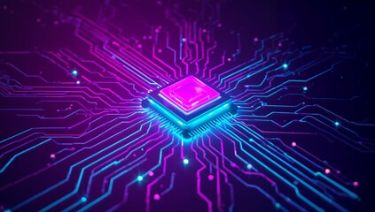 glowing microchip with blue light and circuit board background