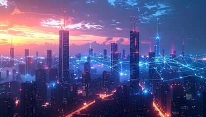 Fototapeta premium Futuristic city skyline with digital lines connecting buildings, symbolizing an innovative crypto-powered economy