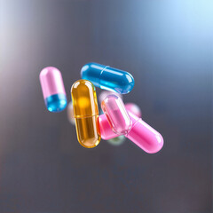 Shiny Medicine Capsules Hovering In Light