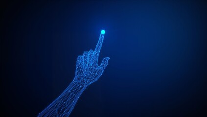 Digital Hand Reaching to Glowing Blue Light on Dark Background