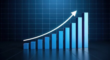 Blue bar graph showing upward trend with arrow