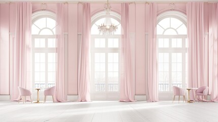 Elegant Pink Curtain Drapes with Classic Window and Chandelier in Bright Room