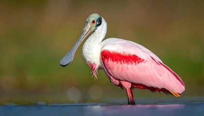 A roseate spoonbill stands in shallow water, its pink plumage vibrant against a blurred background of greens and browns